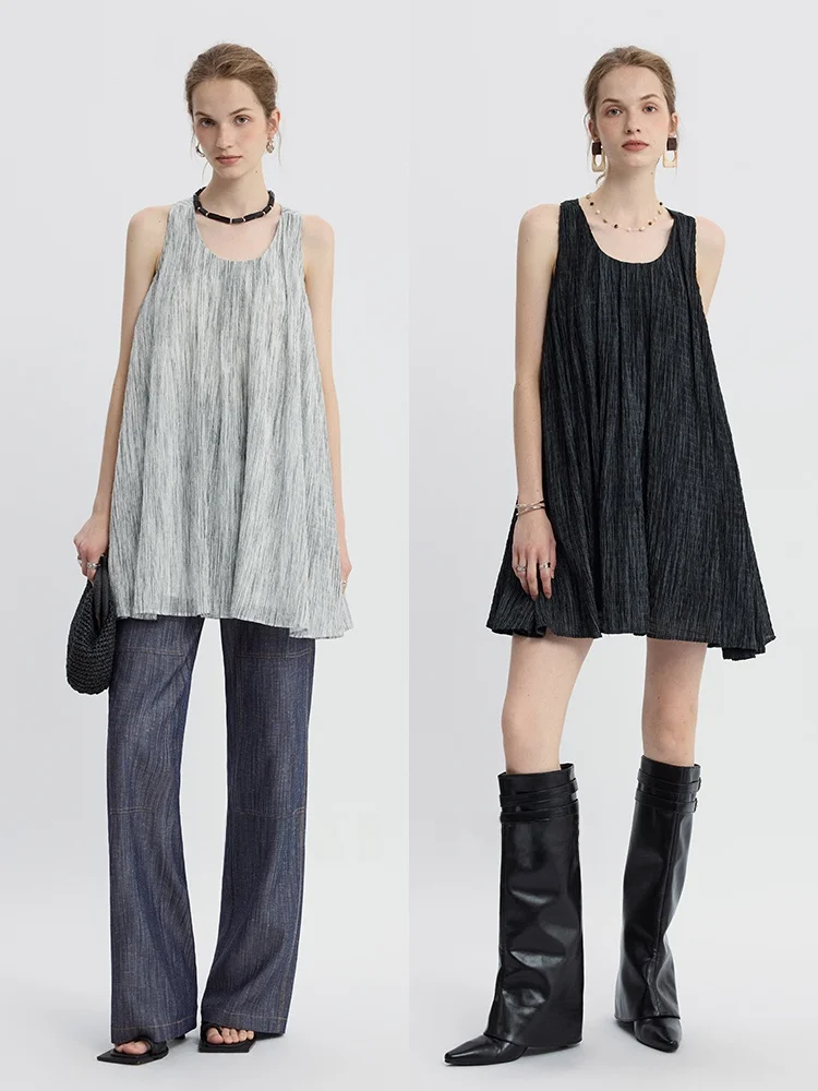 

SVLI Magic Track Lenzing Lyocell Lightweight Pleated Texture Fashionable U-neck Loose Dress Casual Style A-line Summer Dress