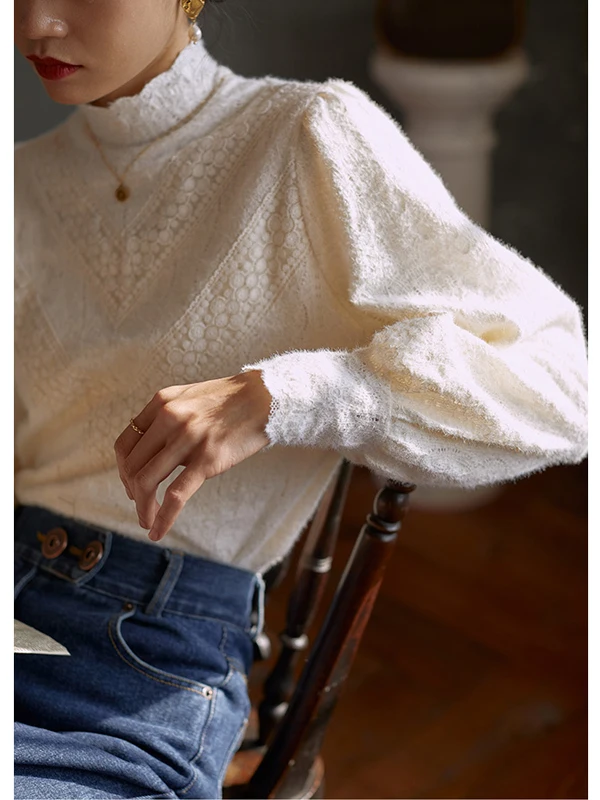 French Sle Fce Forro Base de encaje irt Mujer Faionable f Cuello alto Ropa interior Top Corte recto Largo Sve irt