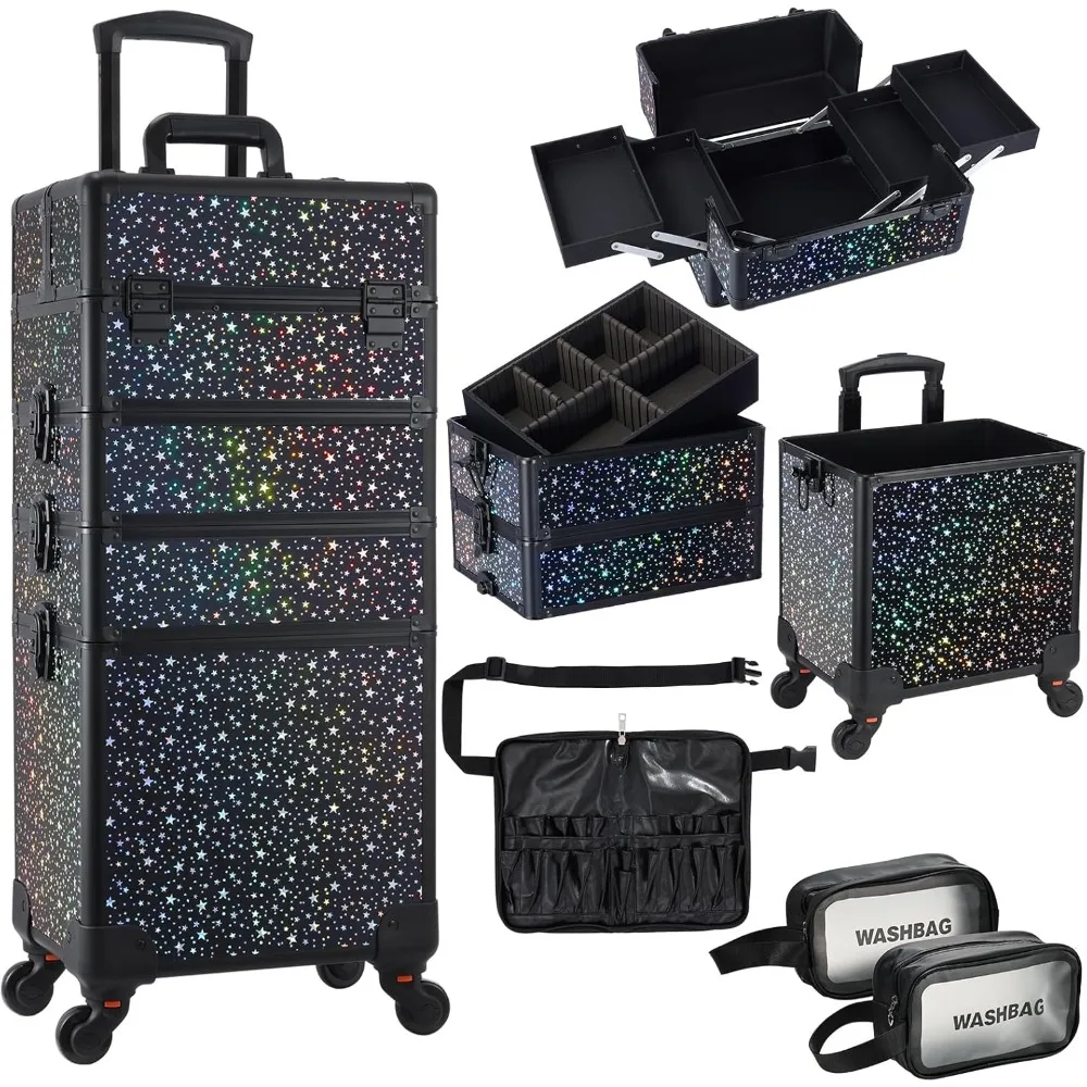 Rolling Makeup Case 4 in 1 Cosmetology Case on Wheels Makeup Travel Case with Brush Waist Bag Key Swivel Wheels Salon Trolley