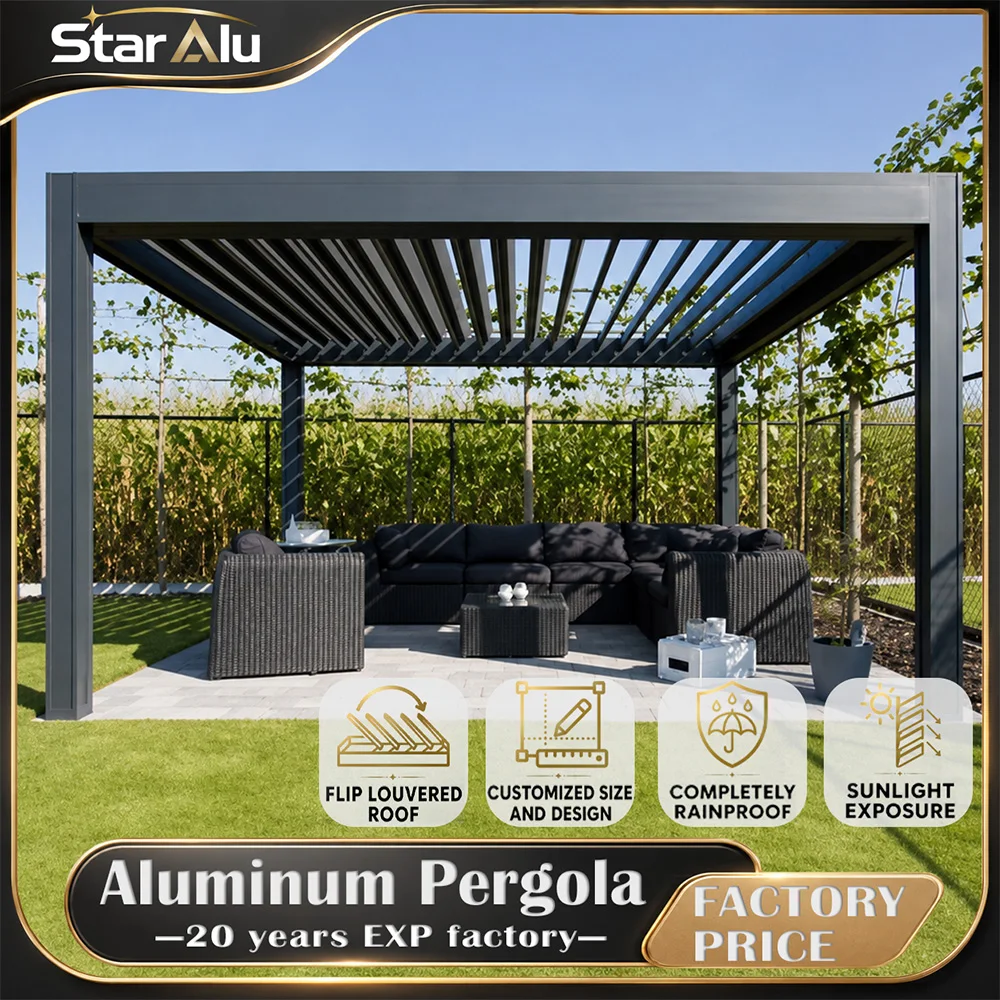 6063 T5 Aluminum Luxury Bioclimatic Heavy Duty Windproof Motorized Louvered Pergola LED Lighting Remote Waterproof Gazebo Custom