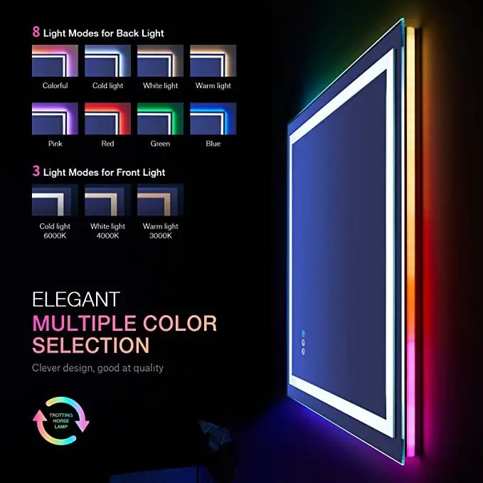 Backlit Rectangle Bathroom RGB Led Color Changing Mirror Frameless Bluetooth Music Smart Wall Mirror