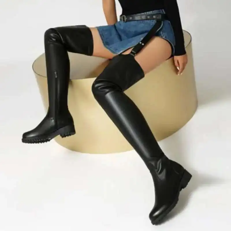 

Winter Women's High Knee Boots Low Heel Belt Buckles Elastic Over Ther Knee Boots Female Big Size Leather Shoes Thigh Boots