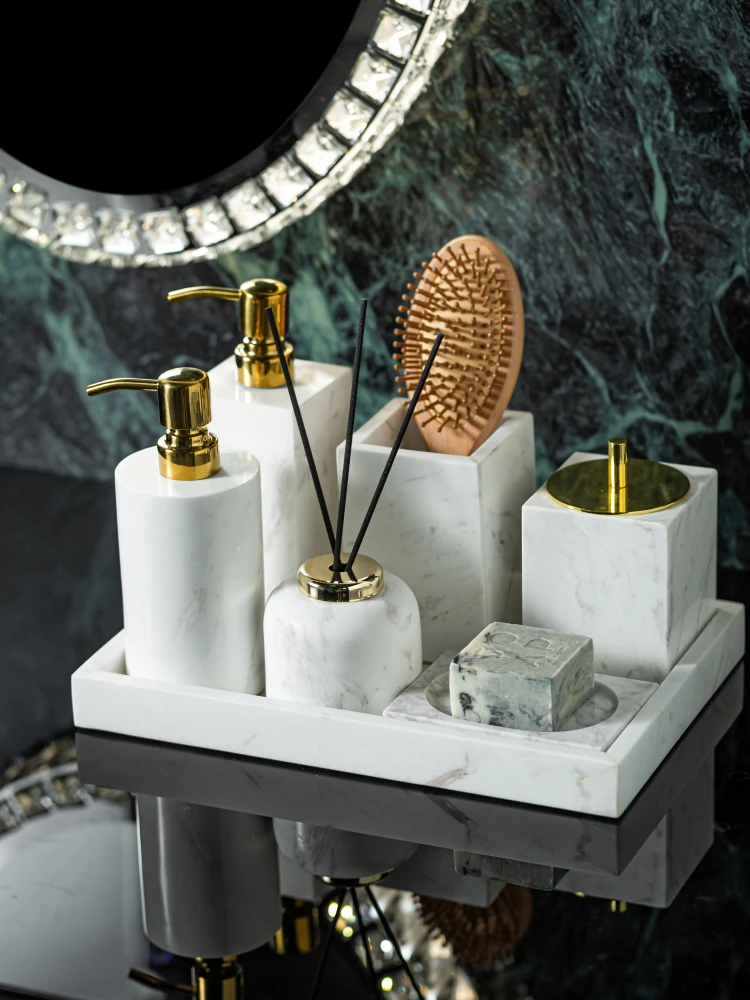 

Volakos White Natural Marble Bathroom Set Soap Dish Soap Dispenser Cotton Swabs Jar Tissue Box Tray Bathroom Accessories