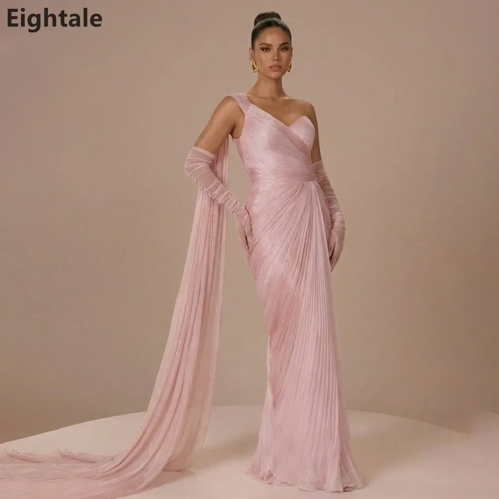 

Eightale 2026 One Shoulder Blush Pink Pleated Metallic Chiffon Maxi Evening Dress Cape Formal Prom Party Gown Customized