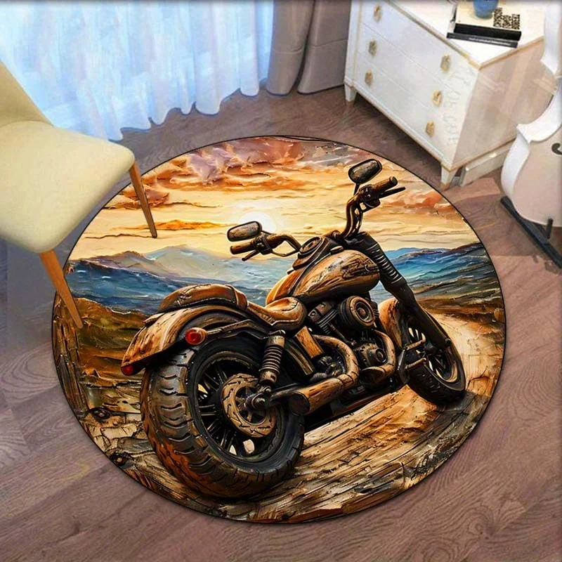 

Мотоциклетный круглый ковер с пейзажем заката, плюшевый напольный коврик в байкерском стиле, декор комнаты, тема приключений, путешествий, ковер, ковер для любителей мотоцикла