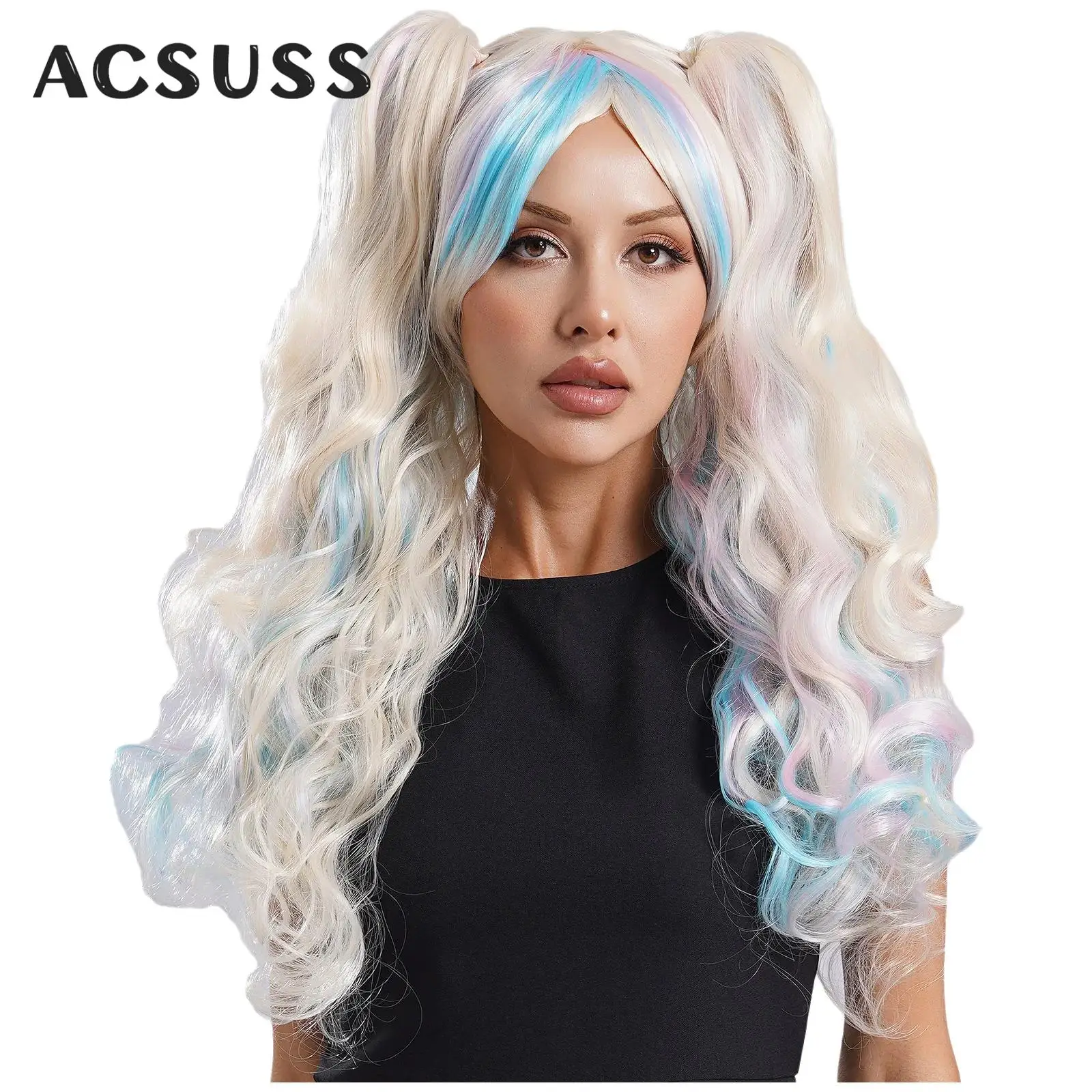 Women Synthetic Anime Cosplay Wig with Clip-on Ponytails Long Curly Multi-color Wig Hairpiece Lolita Comic Con Party Costume