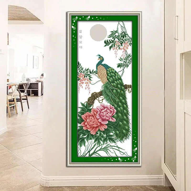 Joy Sunday Wealth & Good Luck Cross Stitch Patterns Printed on Canvas Embroidery Needlework Set Diy Handmade Peacock Animal 14ct