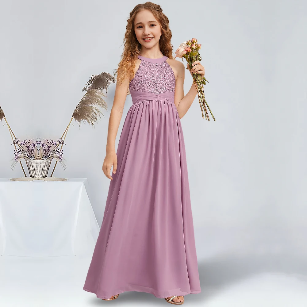 

Elegant A-Line Halter Floor-Length Chiffon Lace Junior Bridesmaid Dresses Mauve Stunning Flower Girl Dresses Party Wedding Kids