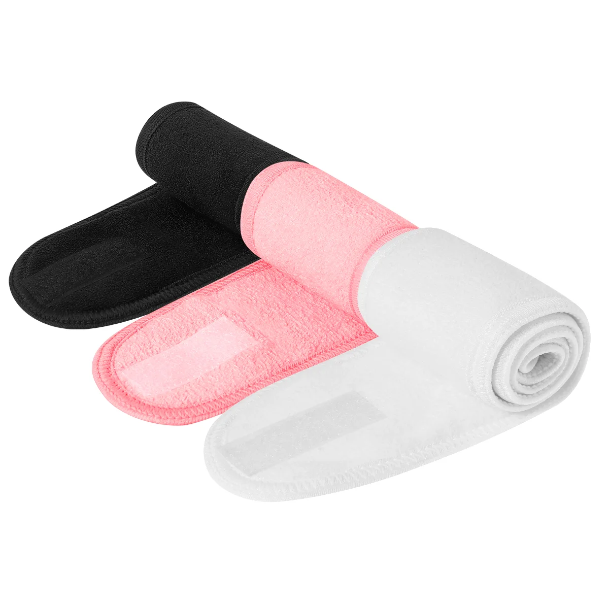 Frcolor 3Pcs Spa Facial Headband Make Up Wrap Head Cloth Headband Stretch Towel with Sticky Tape (White, Black, Pink)