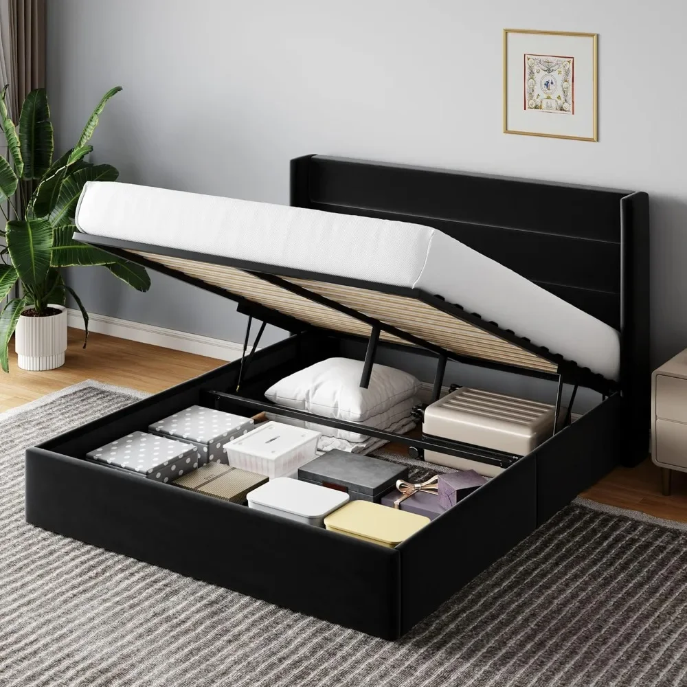 Queen Lift Up Storage Bed with Wingback Headboard，Velvet Upholstered Bed Frame Underneath Storage Wooden Slats Support，Bed Frame