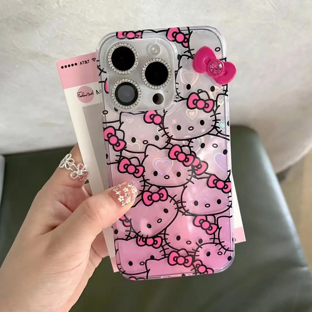 

Чехол с рисунком Hello Kitty, градиентный розовый полноэкранный для IPhone16, телефон, милый аниме, Y2k, девушки 15pro, защитный чехол-держатель