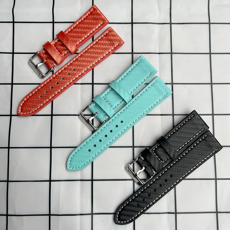 18mm 20mm 22mm 24mm Carbon Fiber Pattern Cowhide Watch Strap Black Red Watchband Bracelet Wristband Men Women Watch Accessory