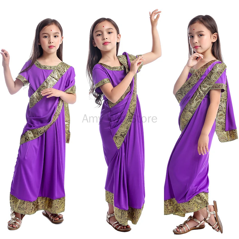 Indian Ethnic Kids Wear Girls Dress-up Children Princess Fancy Dress Sari Costume Stage Performances Game Play Costumes