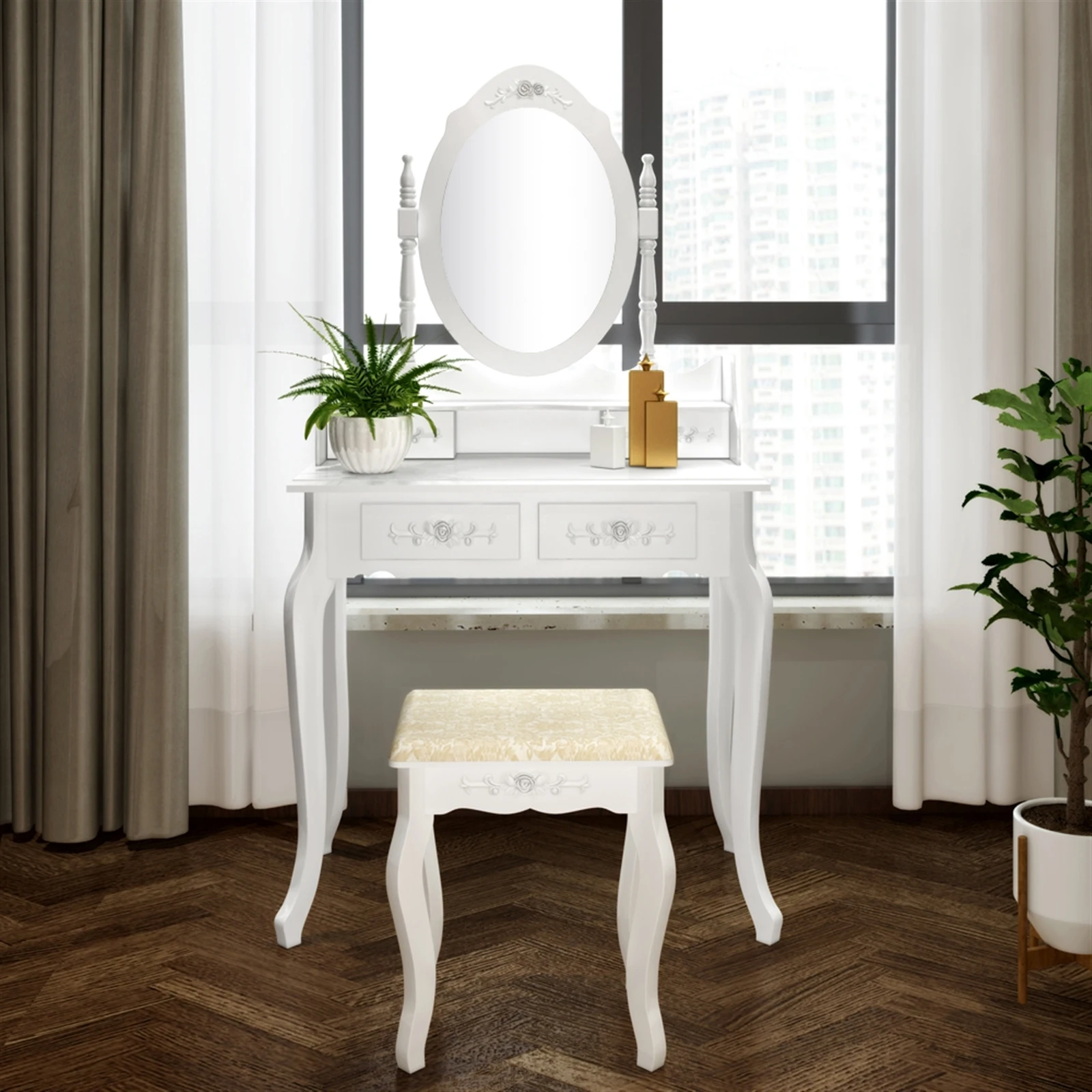 Dressing Table with 360° Rotation Mirror and Stool,Country House Style Cosmetic Table with 4-Drawe ,MDF Wood Dressing Table