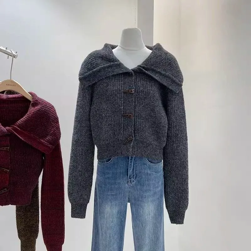 

Осень-зима, свободный новый ретро-свитер с лацканами, вязаный женский короткий свитер с высоким воротником