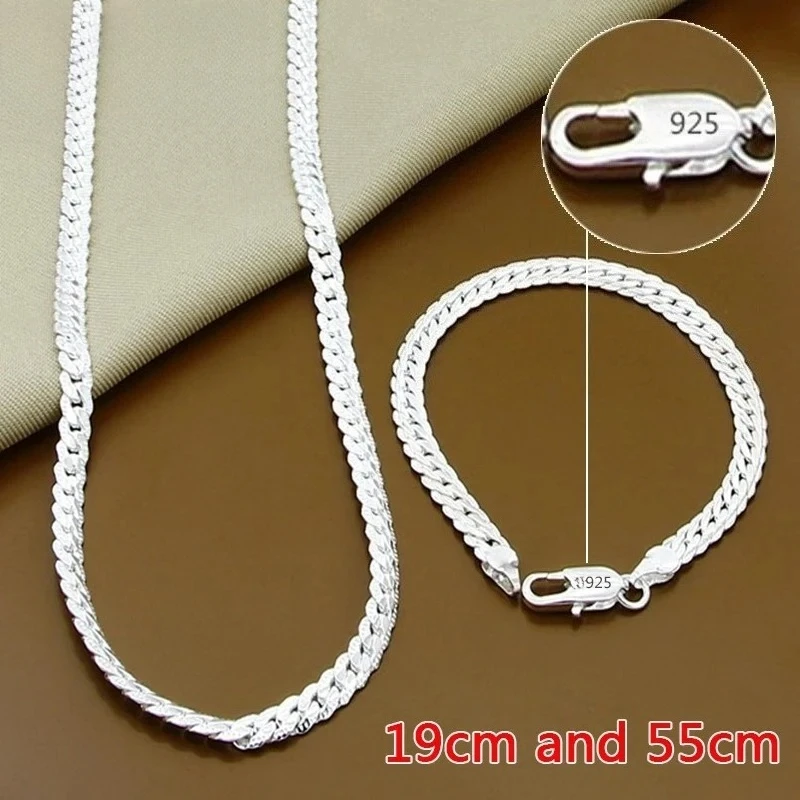 Edle Marken 5MM Flachkette 925 Sterling Silber Armbänder Halsketten Schmucksets für Herren Damen Mode Hochzeitsgeschenke