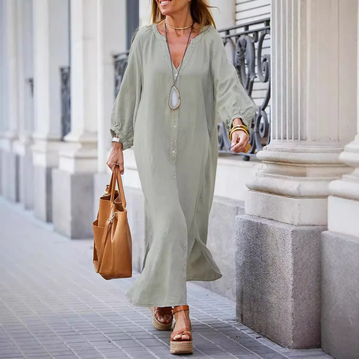 

Casual Cotton Linen Long Dress Women Loose V-neck Full Lantern Sleeve Split Dresses 2025 Autumn Lady Solid Single Breasted Robe
