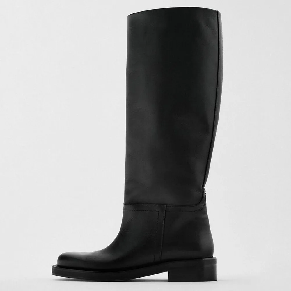 MILI-MIYA Women's Classic Round-Toe Wide-Leg Cow Leather Knee-High Boots With Comfortable Square Heels Plus Size 34-43 Handmade view 3