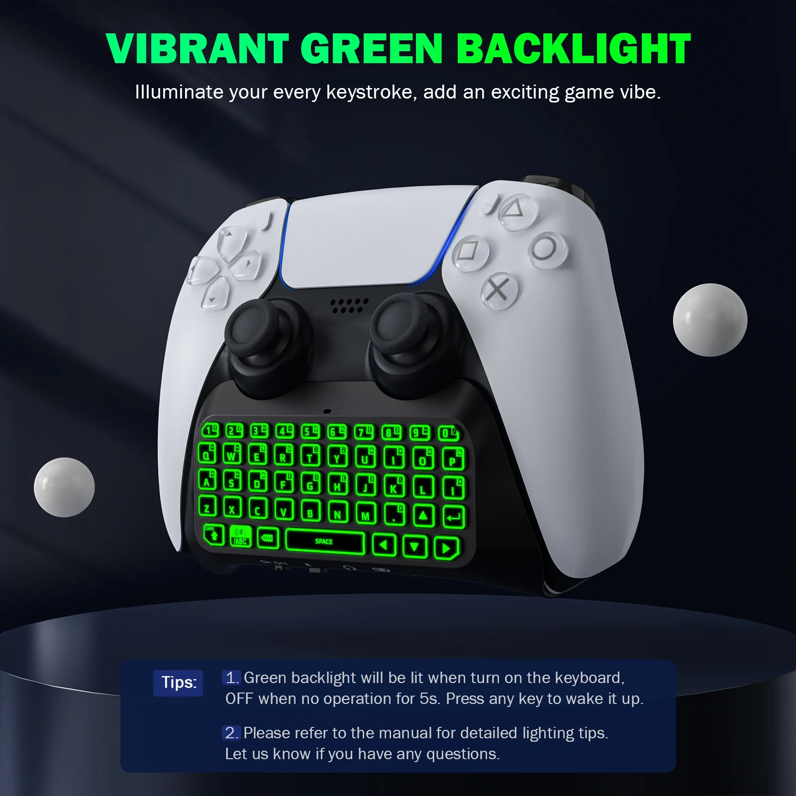 MoKo Keyboard for PS5 Controller with Green Backlight,Bluetooth Wireless Mini Keypad Chatpad for Playstation 5,Built-in Speaker