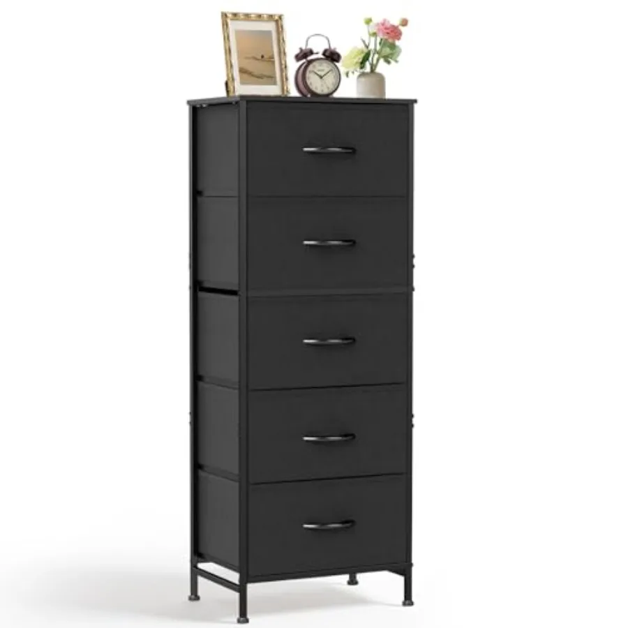 

Nightstand, 5 Drawer Dresser End Table Bedside Furniture with Wooden Top Steel Frame Fabric Bins for Bedroom, Closet, Entryway,