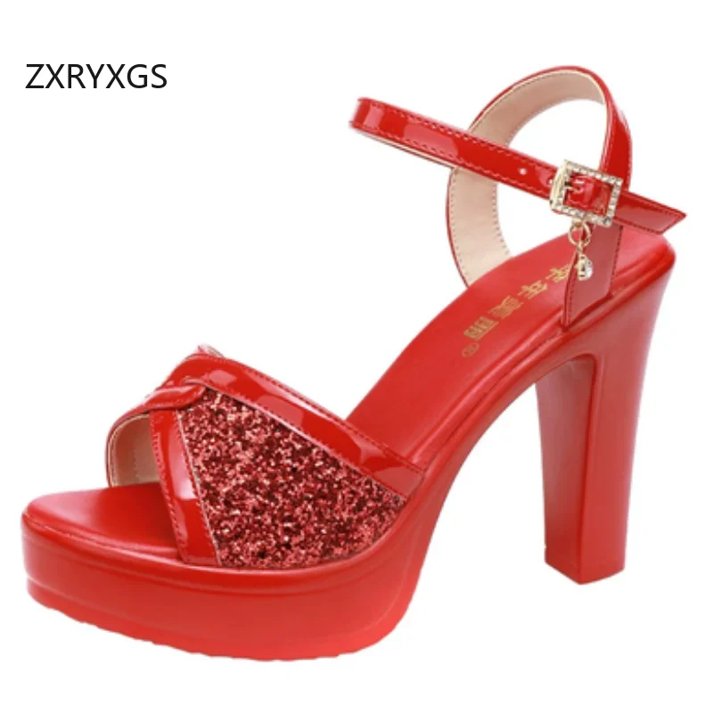 ZXRYXGS Personality Trend Patent Leather Sequined Women Fashionable Sandals 2026 Summer Fish Mouth Ultra High Heels Sandals 10cm