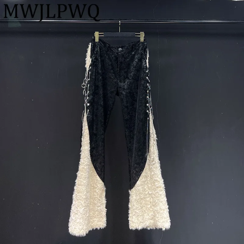 

MWJLPWQ Side Slit Design PU Leather Trousers Autumn Winter 2025 New High-End Streetwear Fur Niched Casual Flared Pants 12252