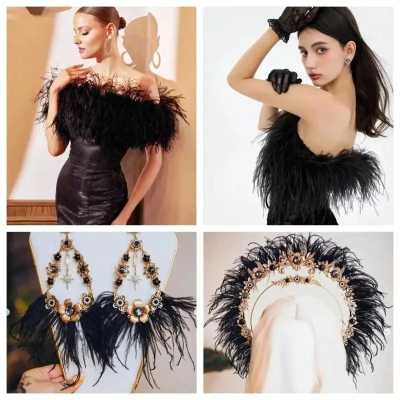 100CM Natural Black Ostrich Feather Trim Ribbon 1Pcs Soft Decor Supply for Holiday Party Costume DIY Sewing Handcrafts