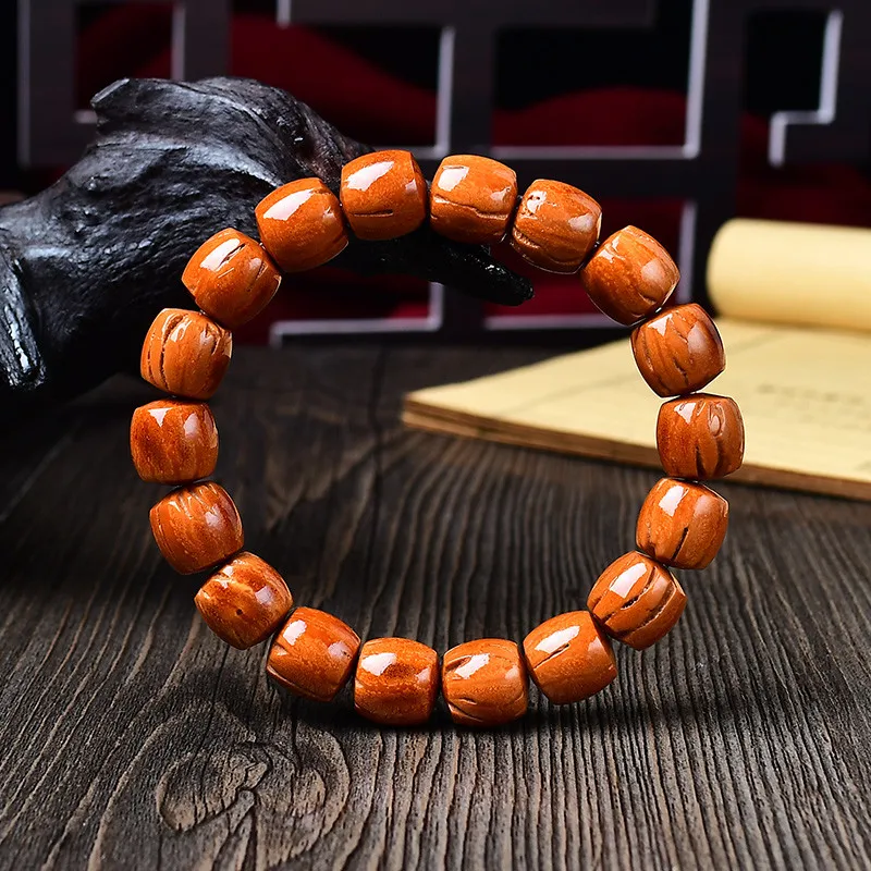 Traditional Chinese Style Natural Polished Peach Pit Bracelet 11mm Barrel Beads Lucky Fortune Blessing Prayer Unisex Feng Shui