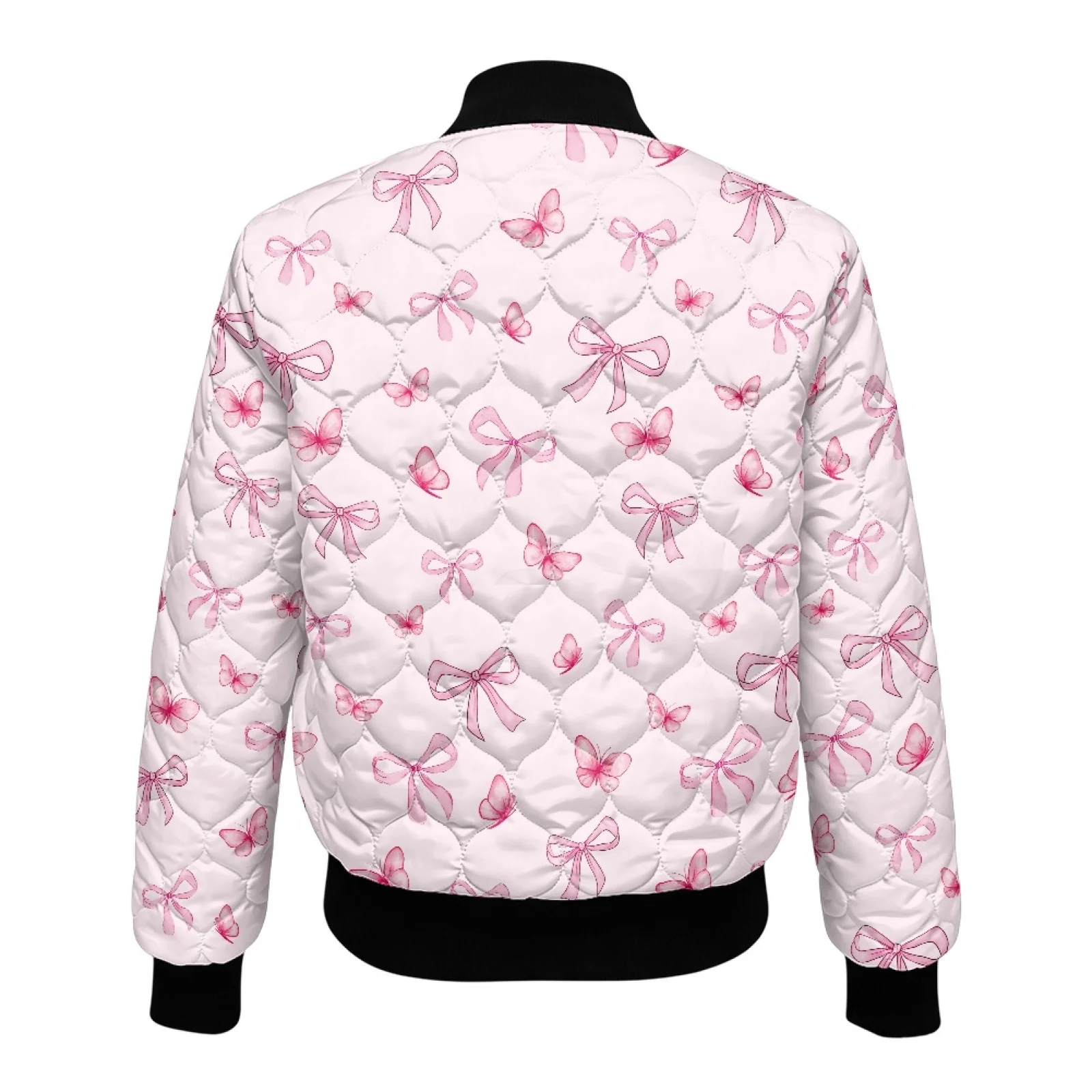 PENSTROLL Pink Bow Print Women Everyday Wear Long Sleeve Padded Zip Bomber Jacket Water-Resistant Open Front Coat for Commuting