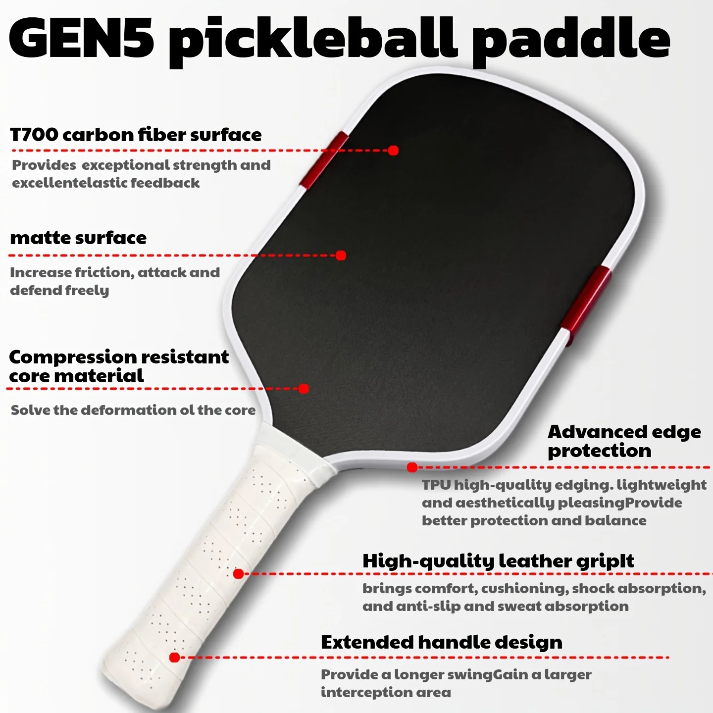 raquette-de-pickleball-mondex-boom-foam-core-entouree-de-mousse-eva-de-16-mm-d'epaisseur-surface-rugueuse-sans-motif-fibre-de-carbone-toray-t700-rugueuse