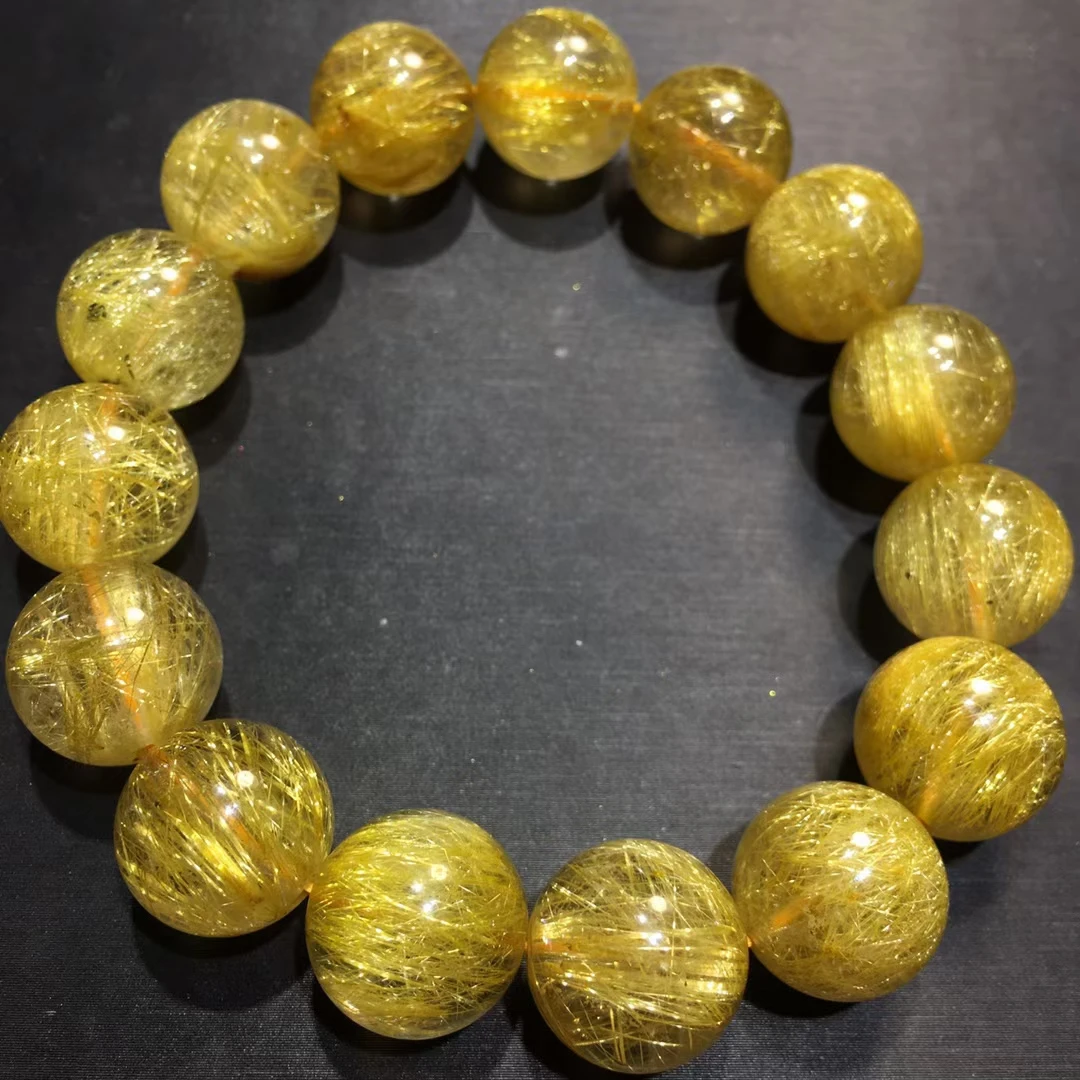 

Natural Gold Rutilated Quartz Clear Round Beads Bracelet Women Men 14mm Fashion Big Size Bead Wealthy Stone AAAAAAA