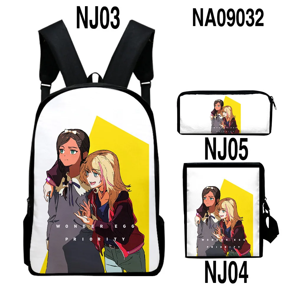 Trendy WONDER EGG PRIORITY 3D Print 3pcs/Set pupil School Bags Laptop Daypack Backpack Inclined shoulder bag Pencil Case