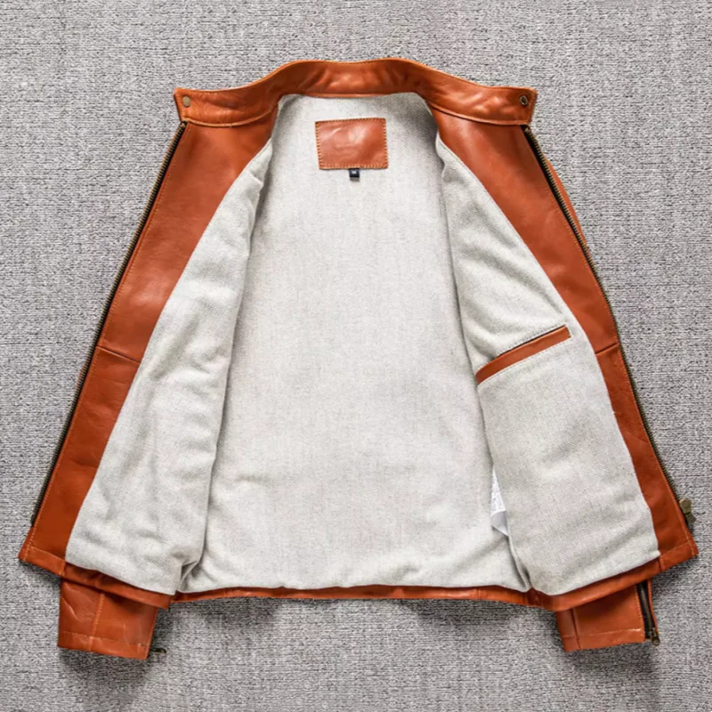 Orange Spring Leather Jacket Men Sports Style Plus Size 5XL Genuine Natural Horsehide Stand Collar Slim Fit Leather Coat