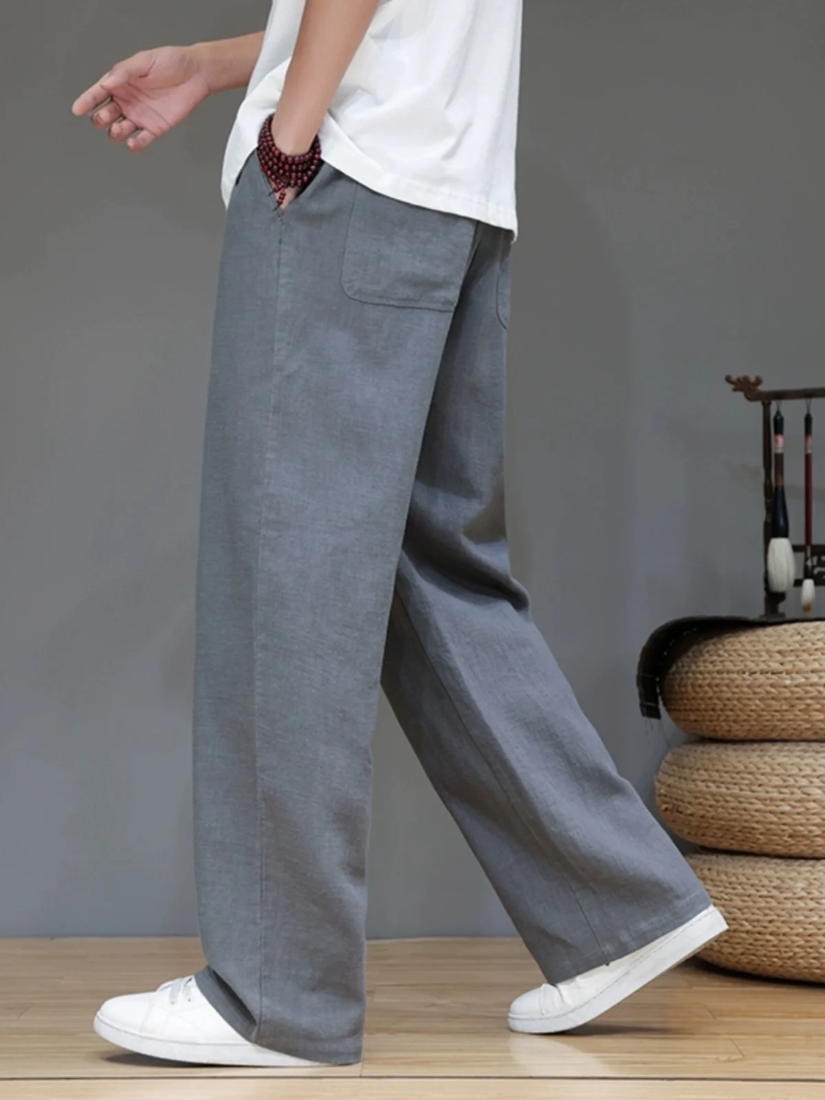 

Men's High-End Linen Pants Summer Loose Straight Leg Cotton Linen Wide Leg Long Trousers Casual Faionable Chinese Sle