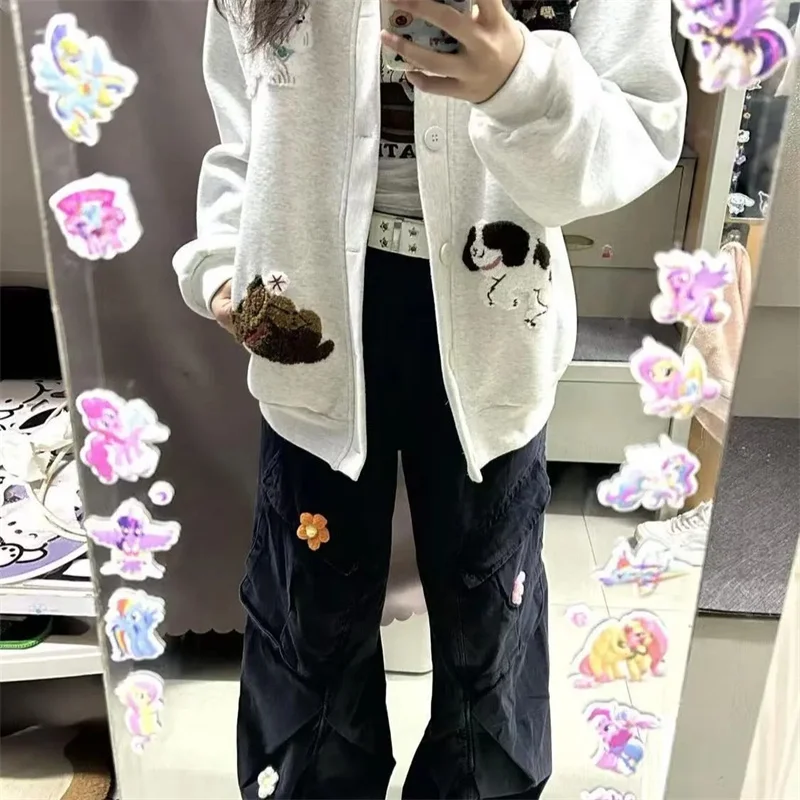 미국 레트로 강아지 타월 자수 가디건 자켓 남녀공용 가을 겨울 신상 만능 커플 루즈핏 후드티