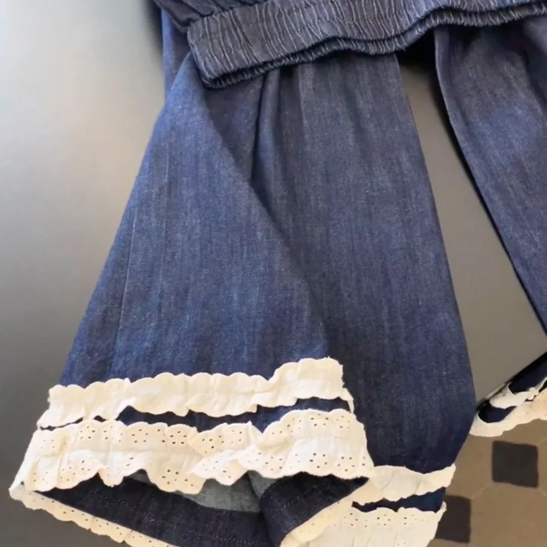 الرجعية الكورية الدانتيل الربط واسعة الساق الجينز المرأة عالية الخصر سليم مستقيم السراويل الربيع Faionable تخفيف Sle عارضة فضفاض...