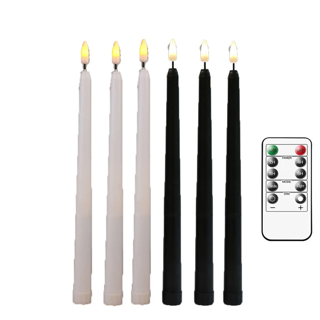 4 or 6 Pieces 11 Inch Black/White Flameless LED Taper Candles Remote,Yellow White Birthday Room Decorative Halloween Candles
