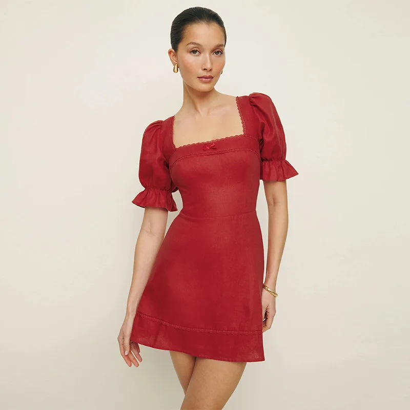 

Spot Goods637Xuanmei Celebrity Style Spring Summer2025New Style Square Neck Linen Waist-CinchingAShort French Style Dress