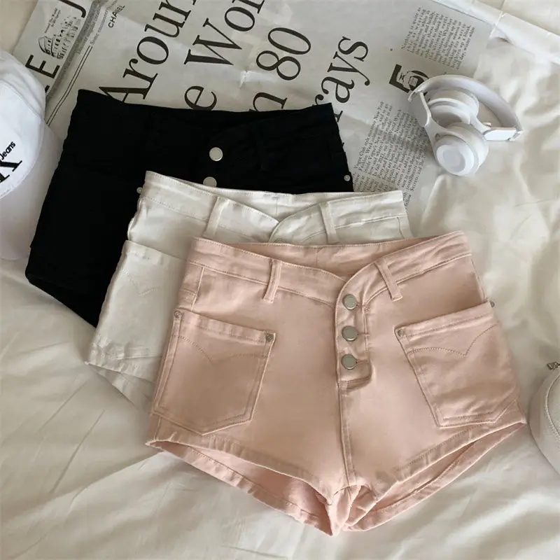 pink denim shorts women's summer new high waist button slim shorts tight hip hot pants