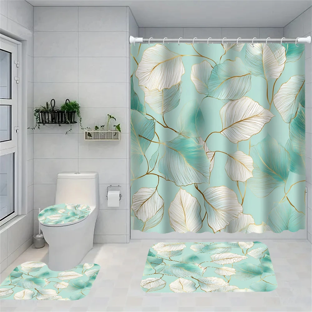 4-piece set of marble textured patterned bathroom curtains, including shower curtains, bath mats, and U-shaped floor mats,