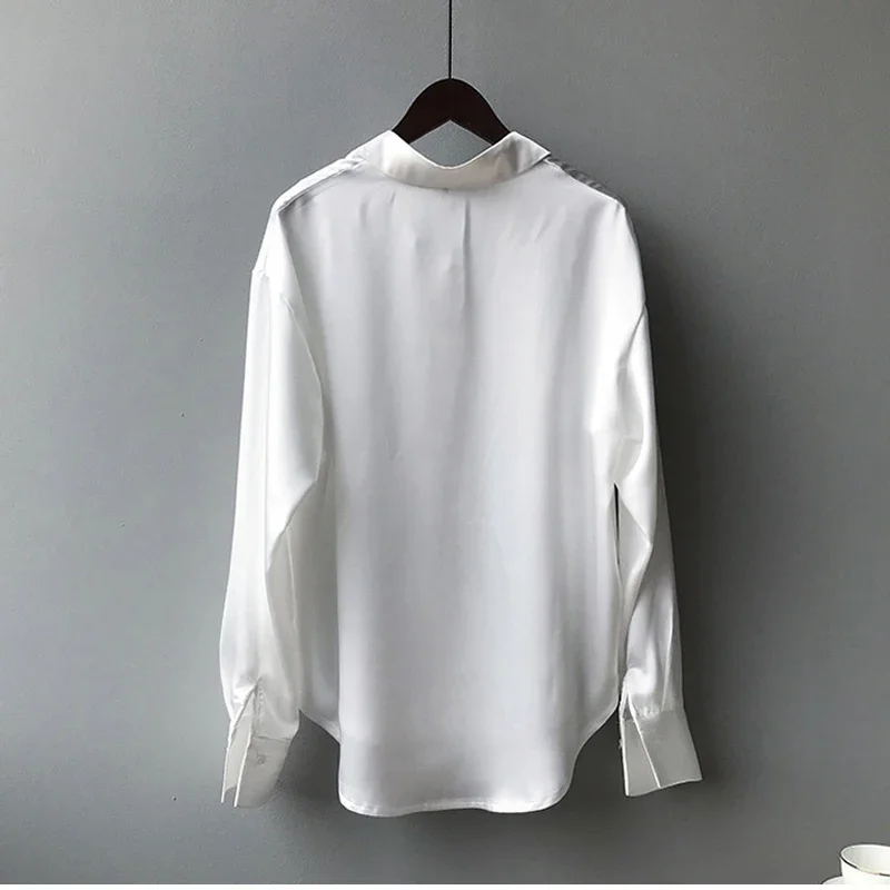 Spring Fashion Button Up Satin Silk Shirt Vintage Blouse Women White Tops Lady Long Sleeves Female Loose Street Shirts