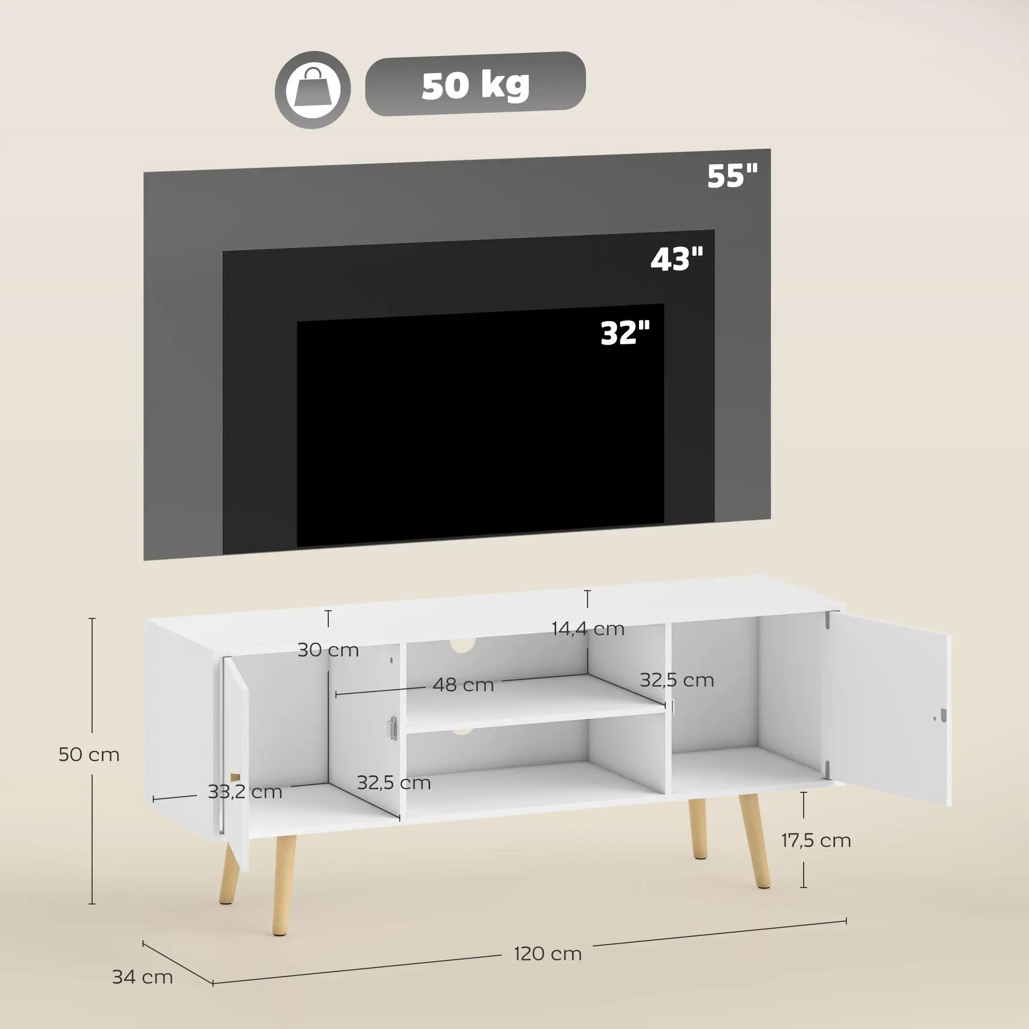 HOMCOM Mueble para TV de hasta 55 pulgadas, 2 estantes abiertos y 2 armarios Blanco 120x34x50cm