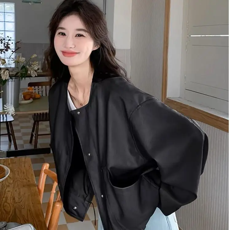 2026 Autumn New Design Sense Drawstring Baseball Style Women's Loose Casual Motorcycle Jacket Leather Coat Outerwear