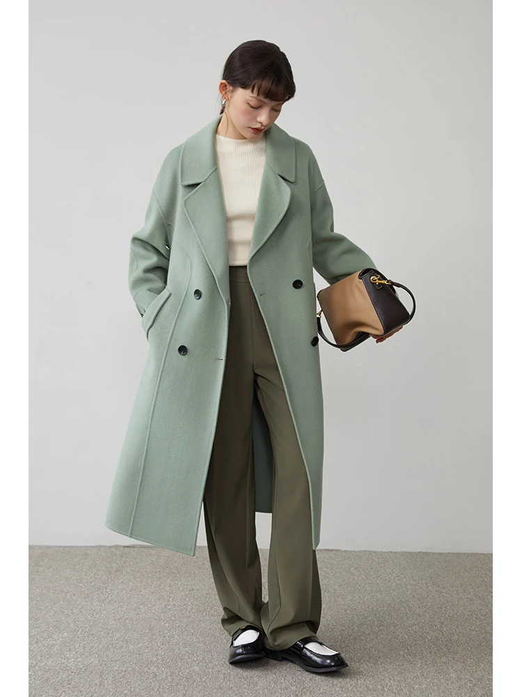 ZIQIAO Classic 100% Woolen Long Coat Women Winter 2022 Hepburn Style Solid Color Mid-length Double-sided Office Lady Wool Coats