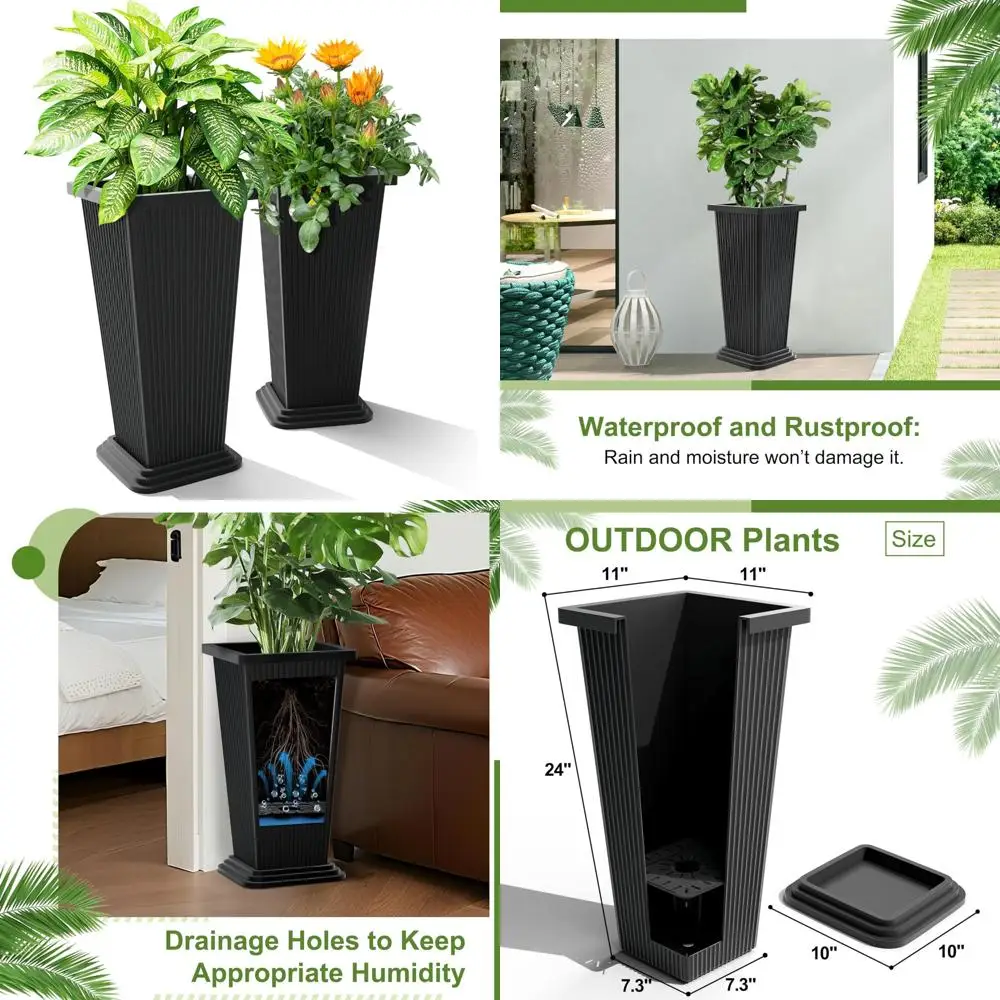 

Set of 2 24-Inch Tall Planters for Outdoor and Indoor Use, Tapered Flower Pots with Drainage, Ideal for Front Porch and Patio De