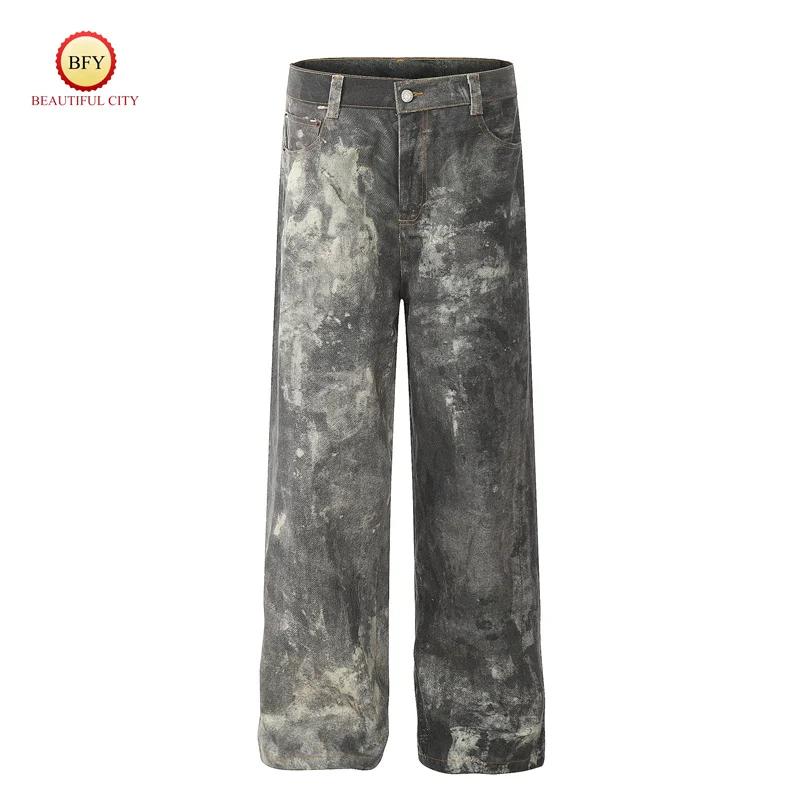 New 24ss High-end 1981 Vintage Splashed Ink Grey Mistake Effect Tinted Printed Low Waisted Wide Leg Mens Womens Jeans