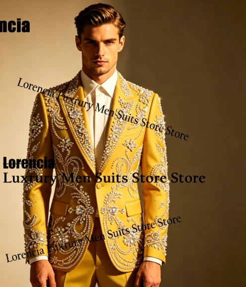 

Luxury Jewelry Men suit Customized Elegant Sequin Gem For Wedidng Groom Male Prom Party Elegant Blazer 2 Pieces Set Tuxedos Slim