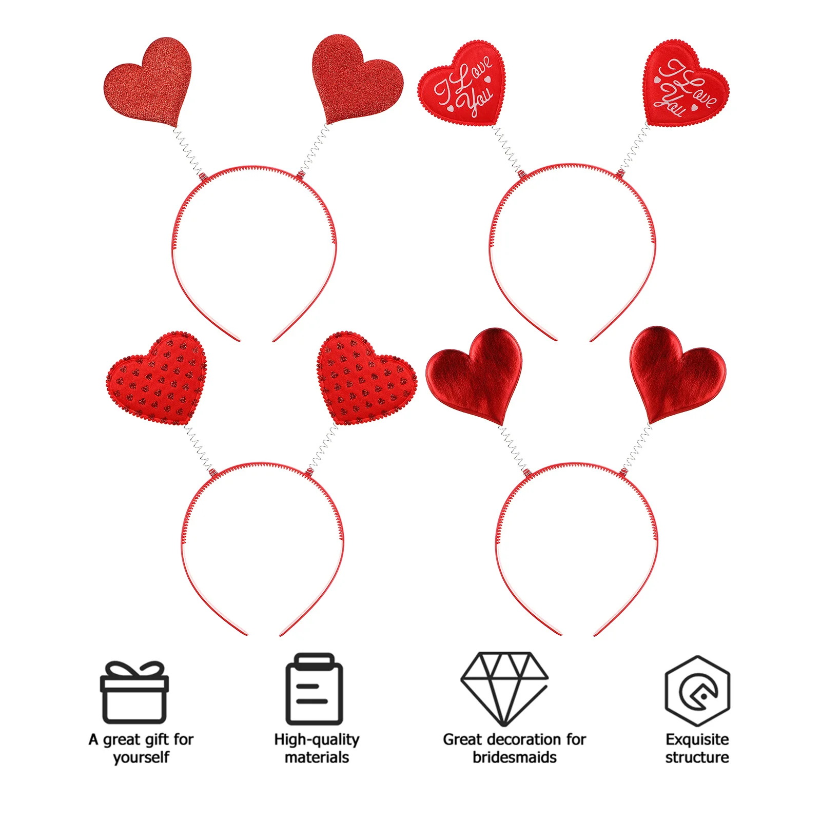 

4pcs Red Heart Headbands Lightweight Hair Hoop For Lover'S Day Party Costume Festival Decoration Carnival Beach Accessory Hair