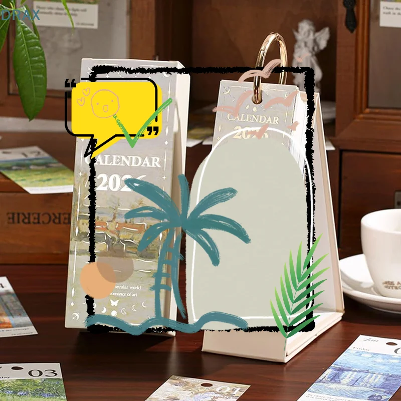 

Настольный календарь на 2026 год с переплетом золотого кольца, 365-дневная винтажная картина маслом, вдохновляющие цитаты, односторонняя страница, ежедневник