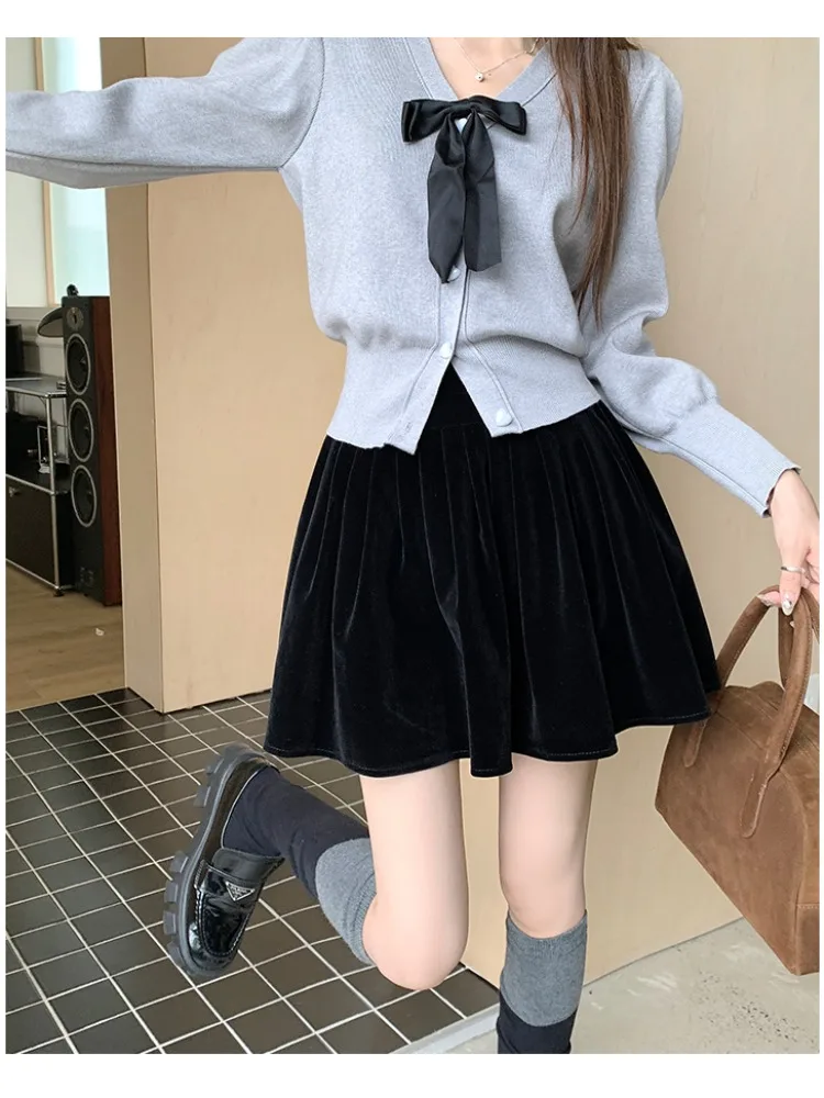 Spódnica damska z wysokim stanem, aksamitna, w kratę, trapezowa, w stylu koreańskim, do pracy, jednolita, codzienna, z wysokim stanem, z włókna poliestrowego.